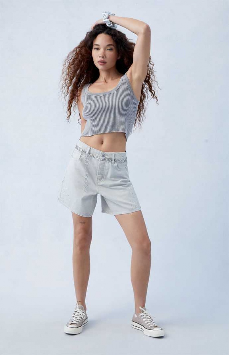 WHITE PacSun Eco Gray Rhinestone High Waisted Relaxed Jorts | GAYFUBI-58