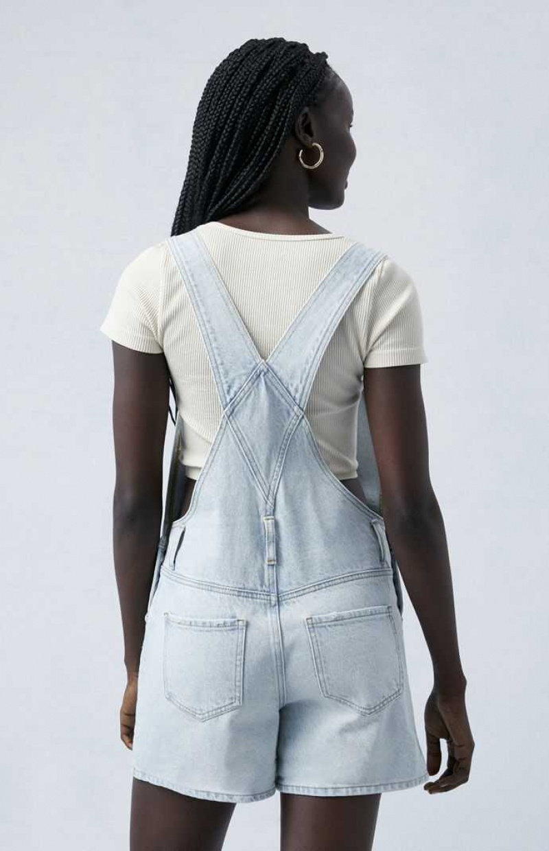 WHITE PacSun Eco Light Indigo Denim Short Overalls | JQAODWI-34