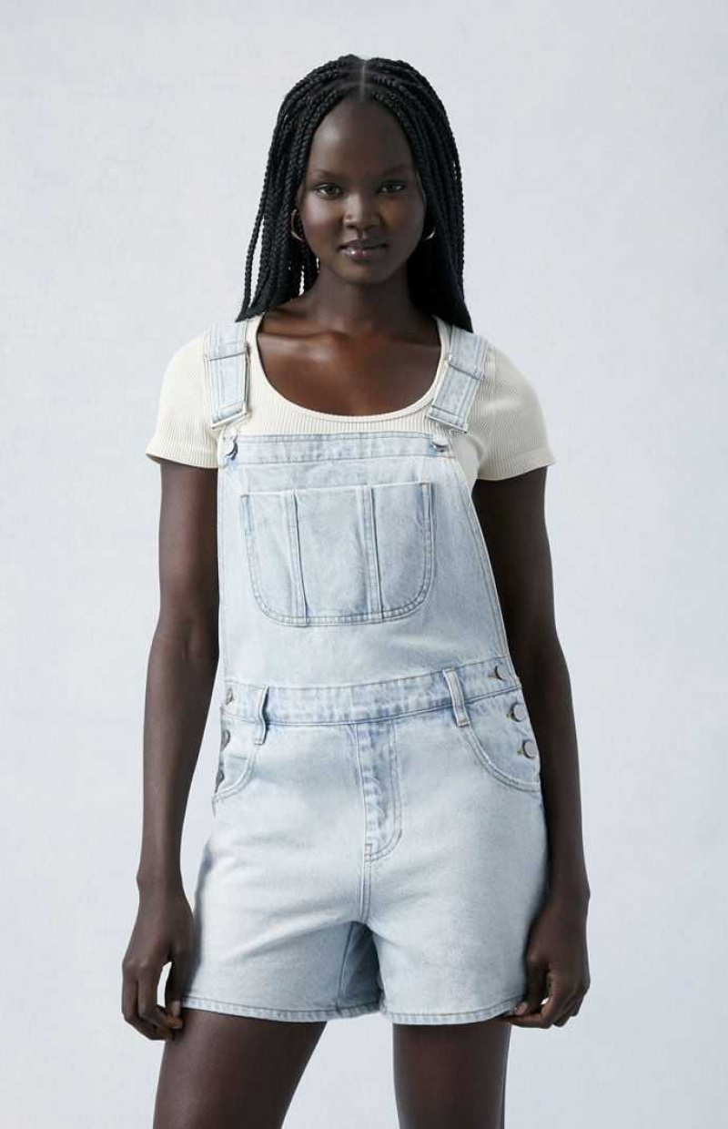 WHITE PacSun Eco Light Indigo Denim Short Overalls | JQAODWI-34