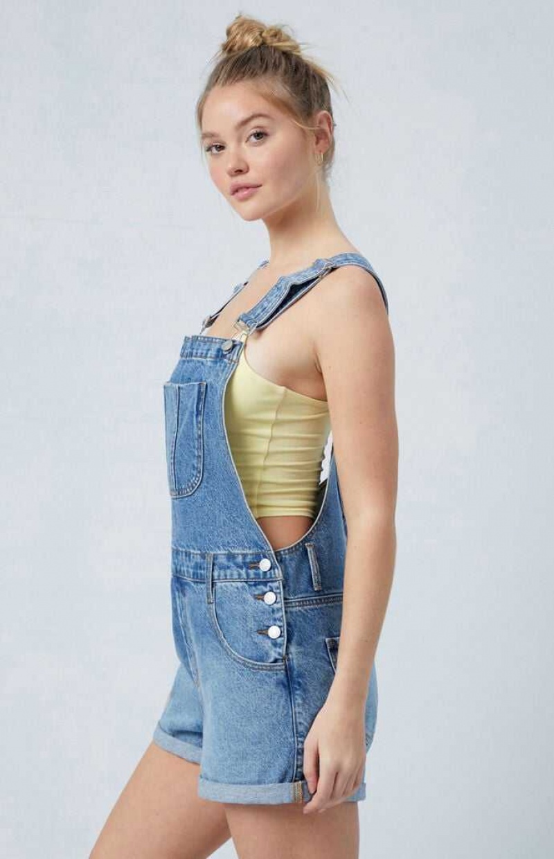 WHITE PacSun Eco Medium Indigo Denim Short Overalls | SHRMPKB-89