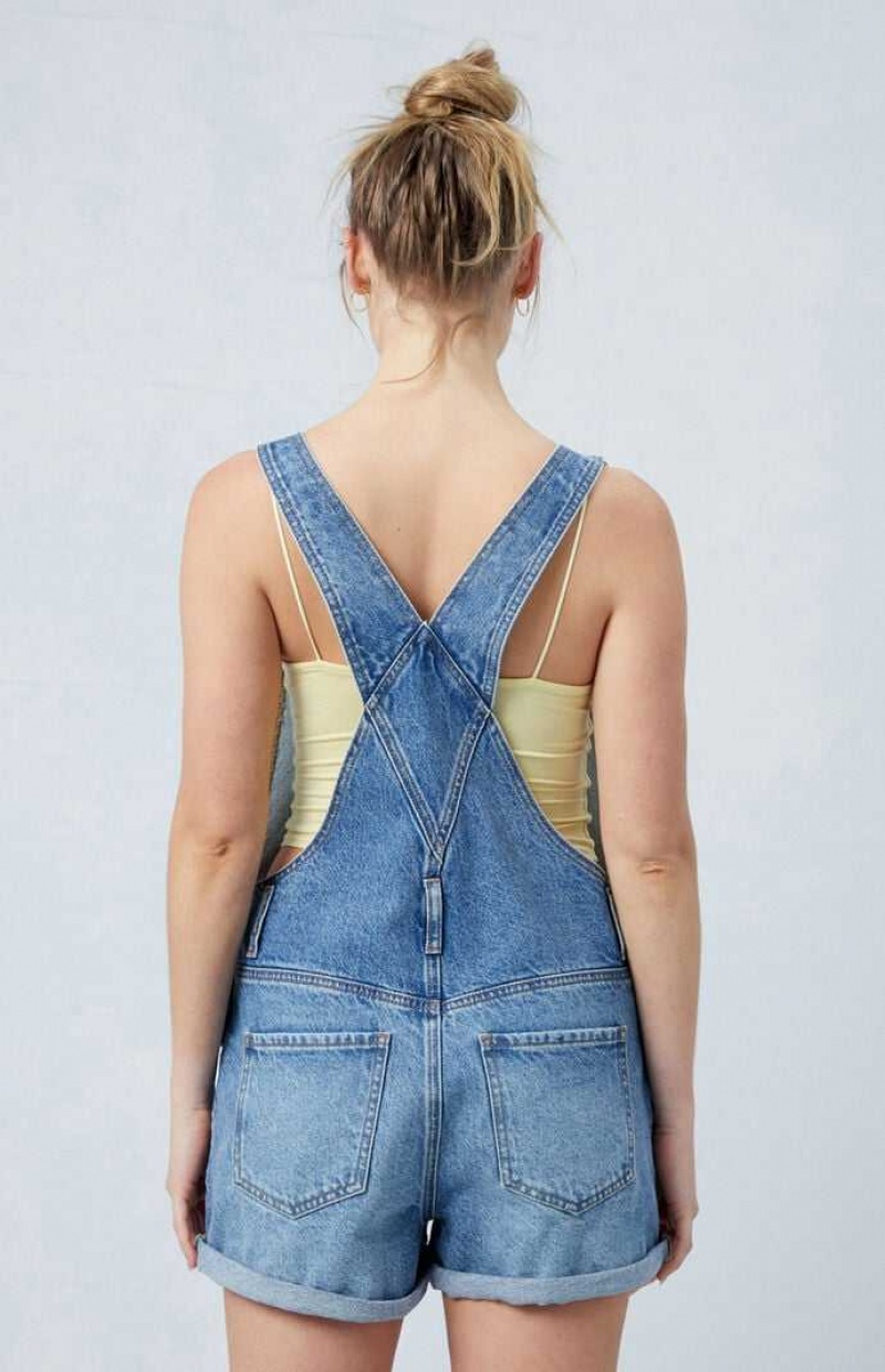 WHITE PacSun Eco Medium Indigo Denim Short Overalls | SHRMPKB-89