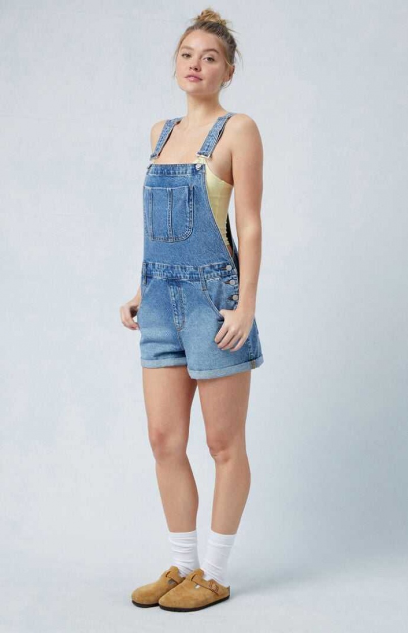 WHITE PacSun Eco Medium Indigo Denim Short Overalls | SHRMPKB-89