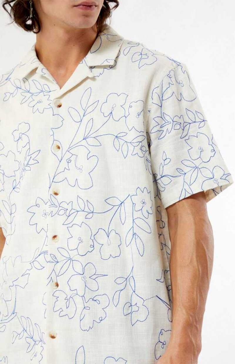 WHITE PacSun Embroidered Floral Camp Shirt | EWGODTX-61