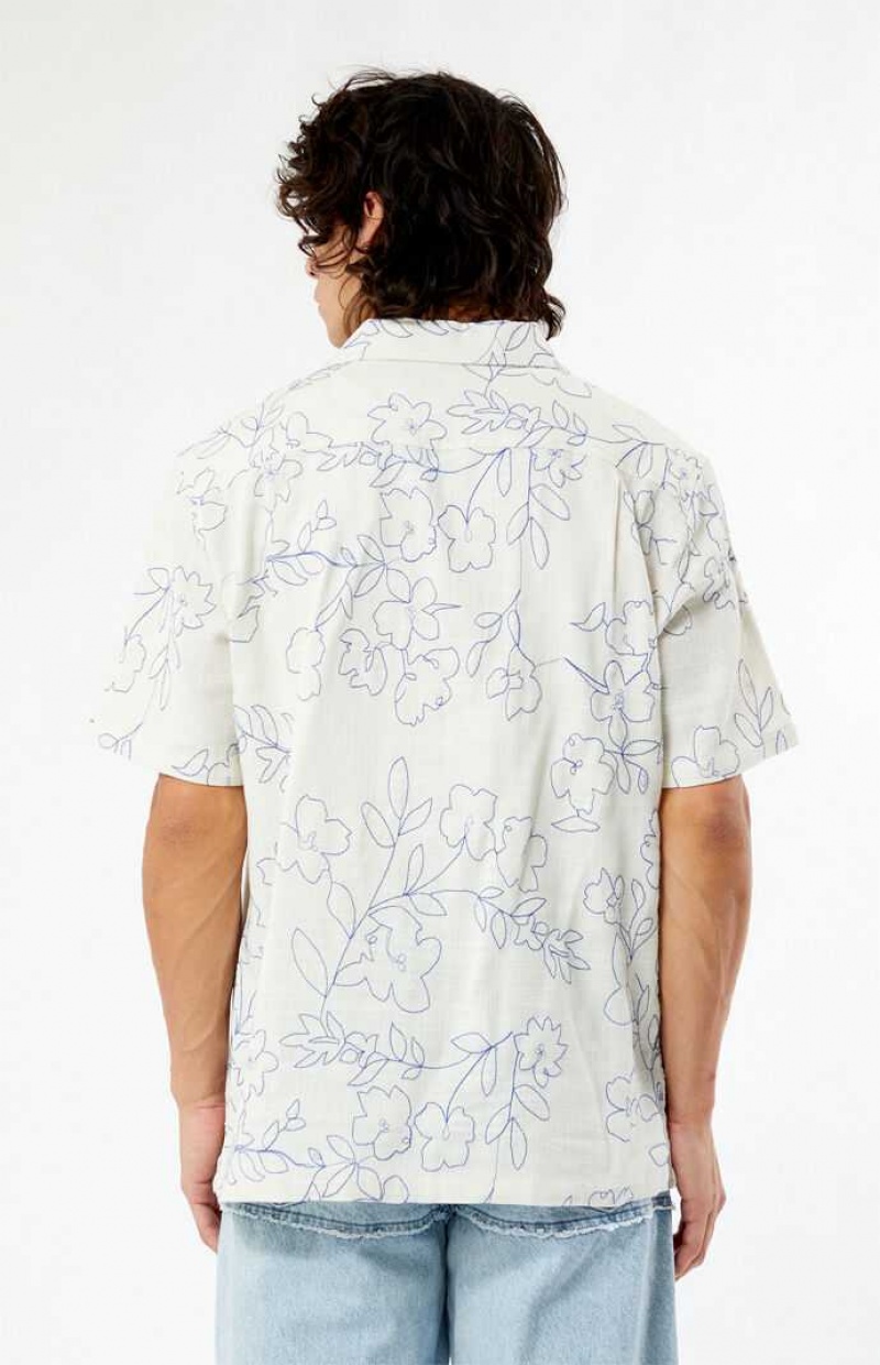 WHITE PacSun Embroidered Floral Camp Shirt | EWGODTX-61