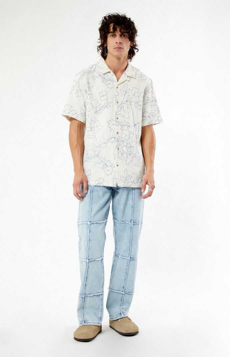 WHITE PacSun Embroidered Floral Camp Shirt | EWGODTX-61