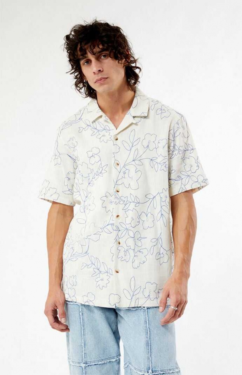 WHITE PacSun Embroidered Floral Camp Shirt | EWGODTX-61