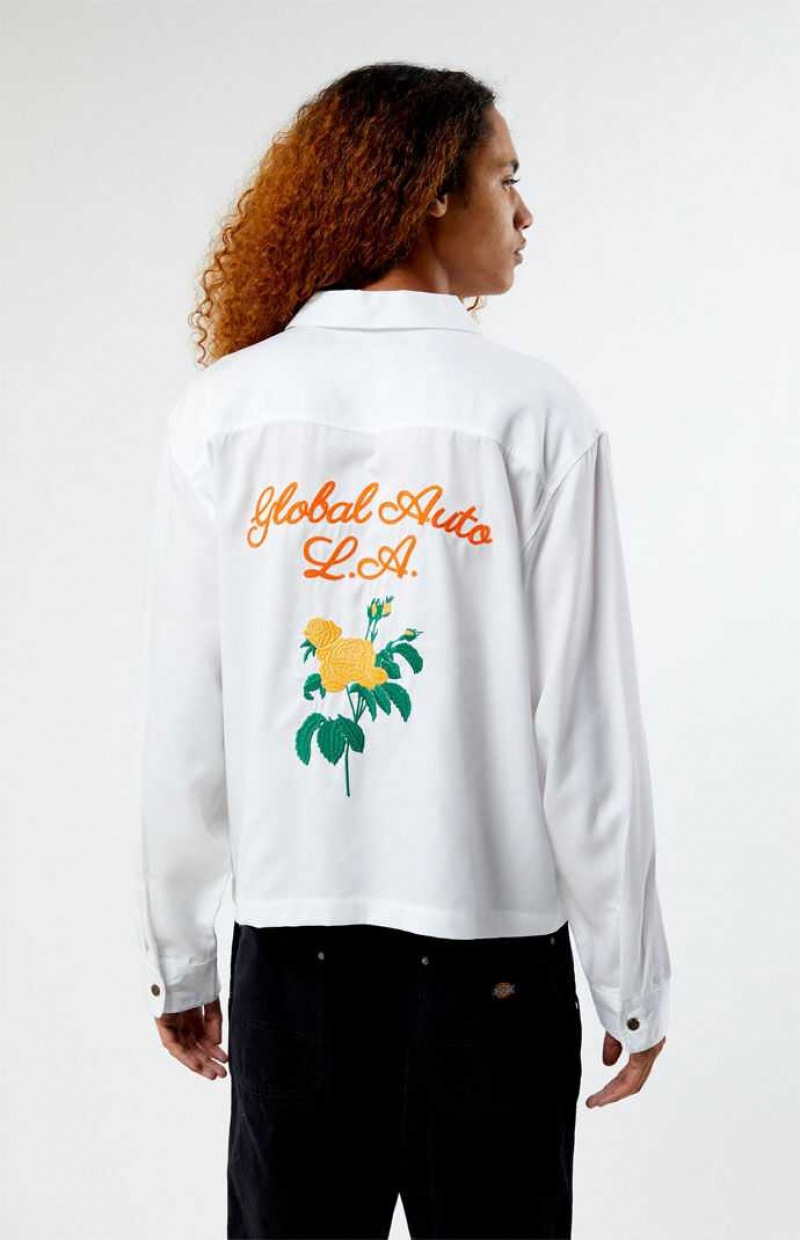 WHITE PacSun Global Auto Embroidered Long Sleeve Camp Shirt | GNJTPWF-04