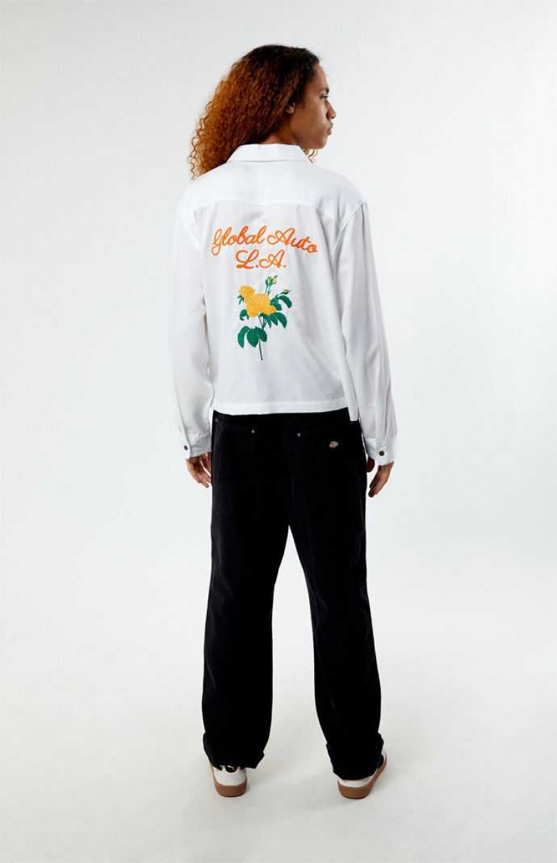 WHITE PacSun Global Auto Embroidered Long Sleeve Camp Shirt | GNJTPWF-04