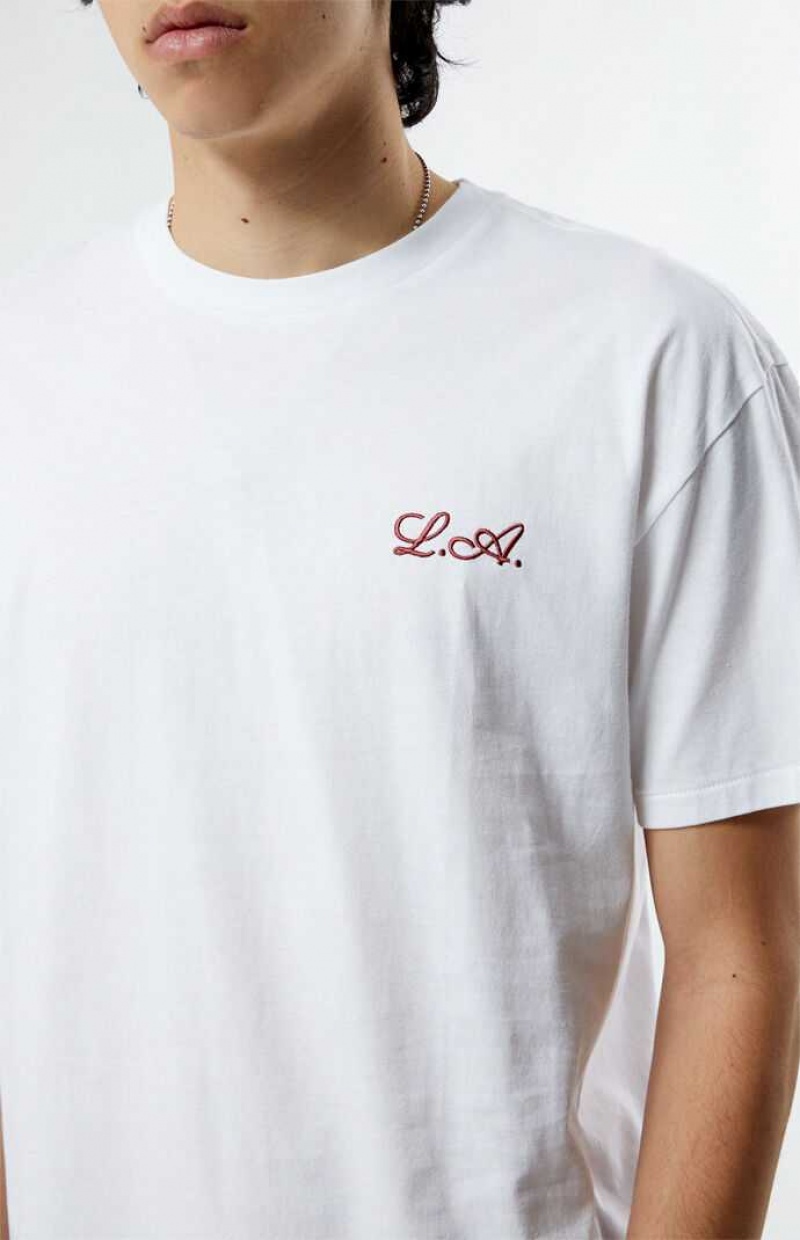 WHITE PacSun PS Basics White Cursive LA Embroidered T-Shirt | EQFILUW-67