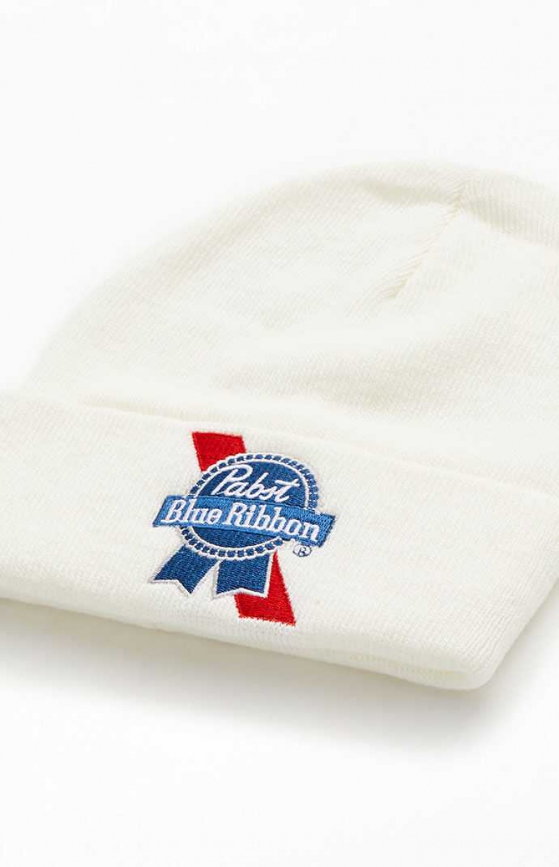 WHITE PacSun Pabst Blue Ribbon Beanie | TLXMDIS-37