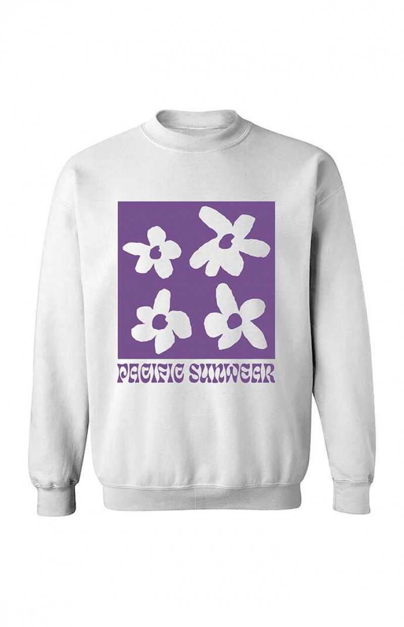 WHITE PacSun Pacific Sunwear Flower Crew Neck Sweatshirt | OVJXSKR-84