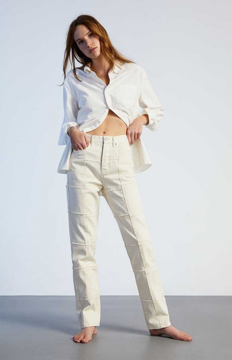 WHITE PacSun White Frayed Paneled Dad Jeans | AHTSIEL-64